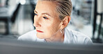 Thinking, scientist and woman with computer, healthcare and serious for medical research on web and info. Lab, online and mature person with tech for science, contemplating and digital health record