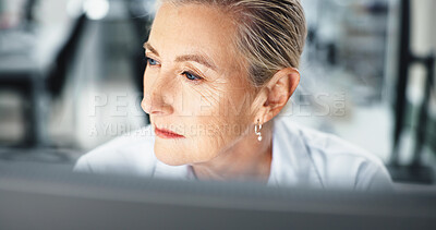 Buy stock photo Thinking, scientist and woman with computer, healthcare and serious for medical research on web and info. Lab, online and mature person with tech for science, contemplating and digital health record