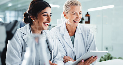 Buy stock photo Research, science and women with tablet, smile and medical innovation with cure development. Happy people, scientist and collaboration with biotech, email for funding and test results for experiment
