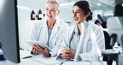 Buy stock photo Research, science and women with tablet, computer and smile with cure development. People, scientist and teamwork with biotech, email for funding or test results for medical experiment or cooperation