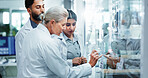 Glass wall, science and people in lab, research and collaboration for experiment. Scientist, group and employees in workplace, cooperation and review chemistry equation with brainstorming and results
