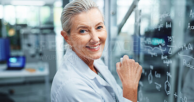 Buy stock photo Glass wall, science and portrait with woman in laboratory for equation, formula or solution. Healthcare, medical and writing with happy mature scientist at work on clinical trial for pharmaceuticals