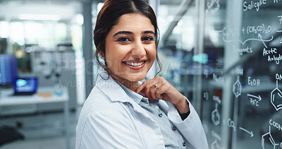 Buy stock photo Happy woman, portrait and scientist with glass board for problem solving or compound structure at lab. Face, female person or smile with science research, molecule development or chemical formulation