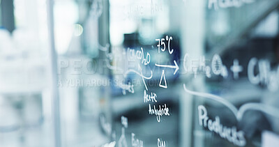 Buy stock photo School, digital and formula on smart board, education and information for exam in classroom and empty. College, knowledge and tech with physics for test, numbers and project for course in university
