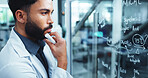 Man, scientist and thinking with glass board for equation, chemical formulation or problem solving at lab. Male person, science or wonder with molecule development or compound structure at laboratory