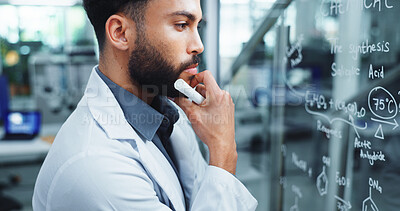 Buy stock photo Man, scientist and thinking with equation on glass board for clinic results or science development at lab. Male person, research or wonder with brainstorming for chemical formulation or new molecules