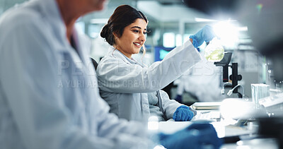 Buy stock photo Analysis, scientist and woman with chemical, lab and smile for healthcare with experiment and thinking. Clinic, medical professional and person with liquid for treatment, pharmaceutical and sample