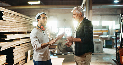 Buy stock photo Collaboration, planning and talking with carpenter men in workshop for manufacturing or production. Carpentry, industry and teamwork with woodworking people in factory together for conversation