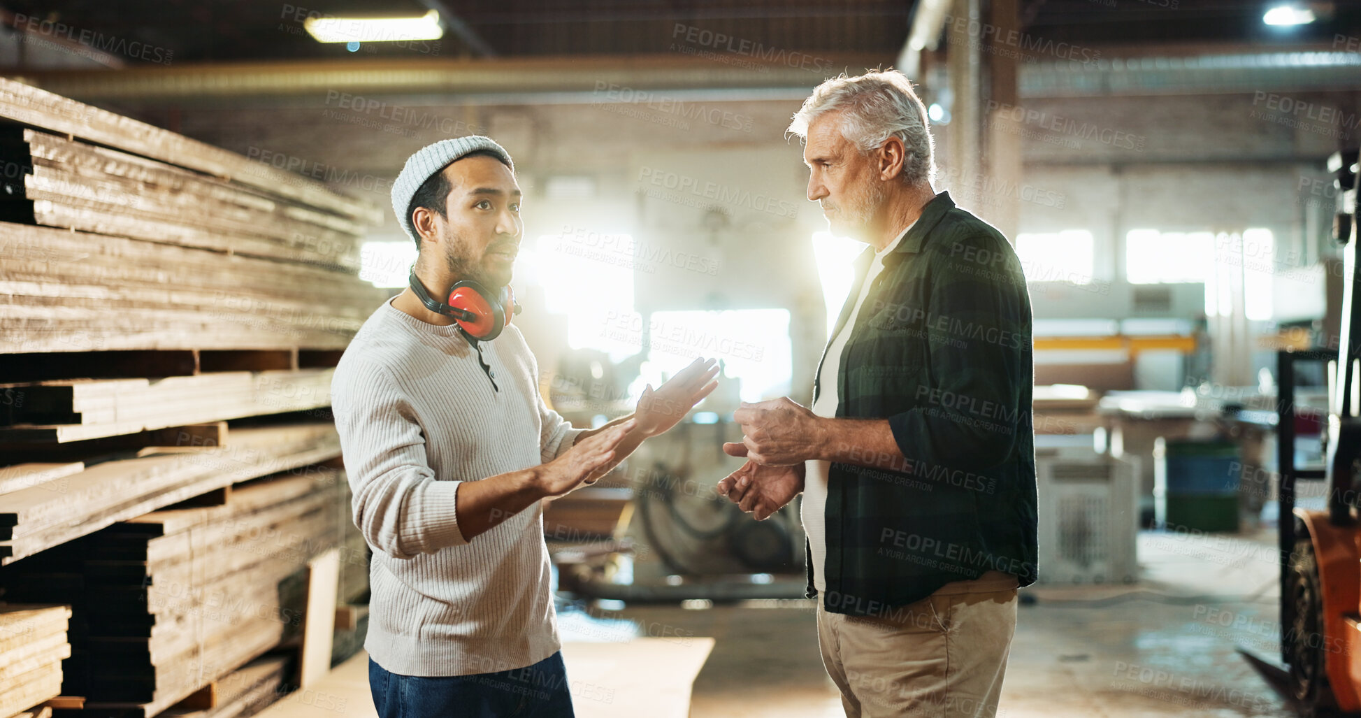 Buy stock photo Collaboration, planning and talking with carpenter men in workshop for manufacturing or production. Carpentry, industry and teamwork with woodworking people in factory together for conversation