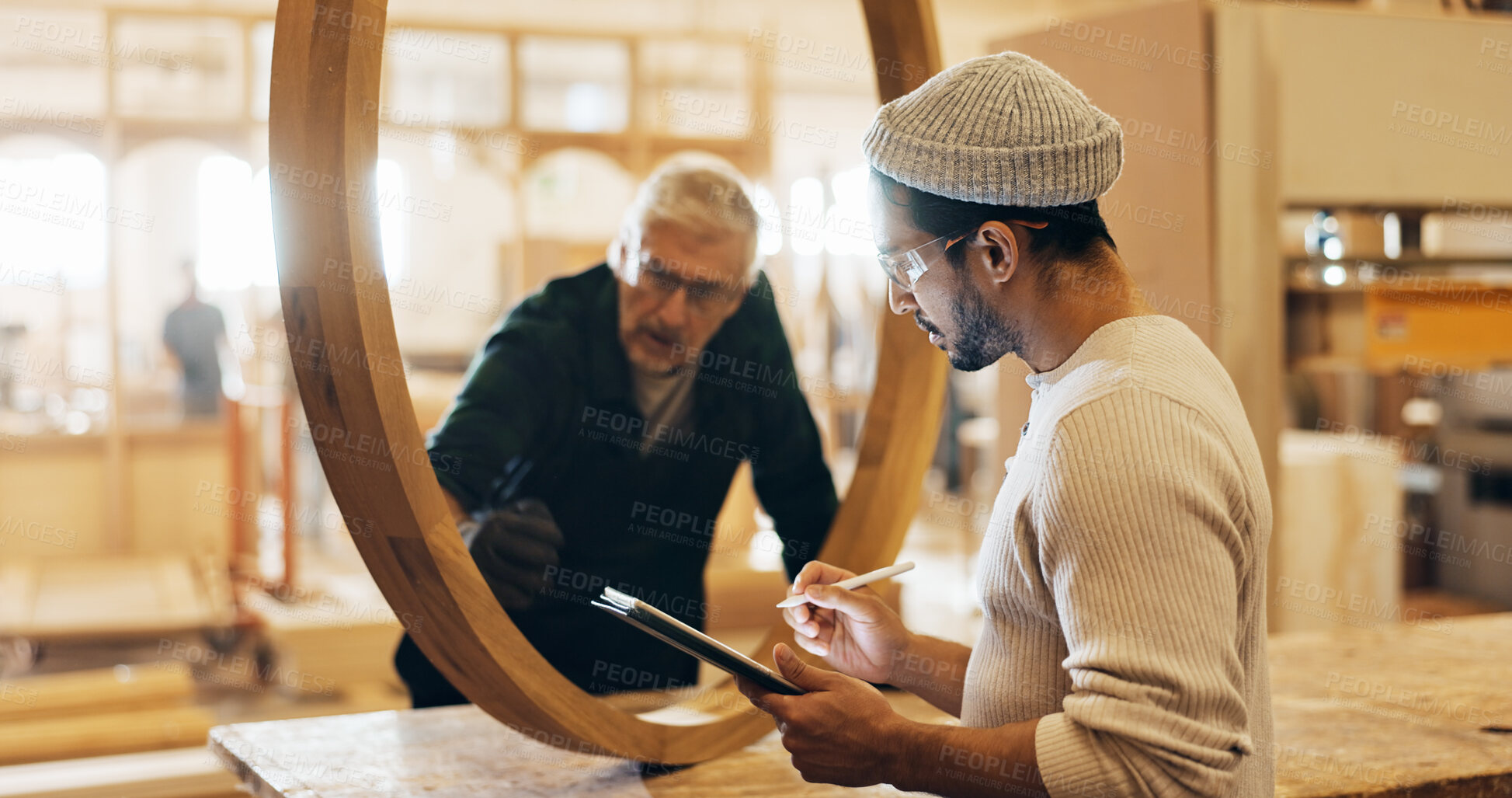 Buy stock photo Carpenter, planning or man with tablet in workshop for wood structure inspection, safety compliance or evaluation. Manufacturing, team and quality control for framework production or furniture repair