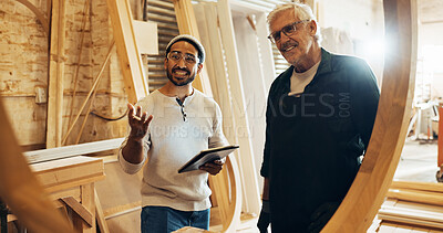 Buy stock photo Carpenter team, man and tablet in workshop for woodwork project inspection, checking framework or monitor process. Manufacturing, people and happy with structure evaluation and furniture production
