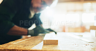 Buy stock photo Carpenter, woodworking and man with sandpaper, polishing and smooth surface with tool and manufacturing. Production, artisan and person with gloves for safety, grip and shape of material in business