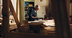 Carpenter, thinking and man with blueprint, woodworking and ideas for manufacturing, table and business. Construction, entrepreneur and mature person with material for furniture and floor plan
