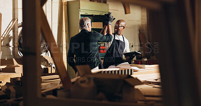 Buy stock photo Carpenter, men and high five for work, skills and helping intern with tablet, woodwork and material. Warehouse, mature mentor and trainee with happy for craftsmanship, people or celebration for sales