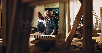 Buy stock photo Carpenter, teamwork and men with tablet, manufacturing and helping intern with wood work and material. Warehouse, mature mentor and trainee with skills for craftsmanship, people and productivity