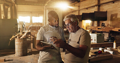 Buy stock photo Collaboration, planning and tablet with carpenter men in workshop for manufacturing or production. Carpentry, conversation and industry with woodworking people in factory together for teamwork