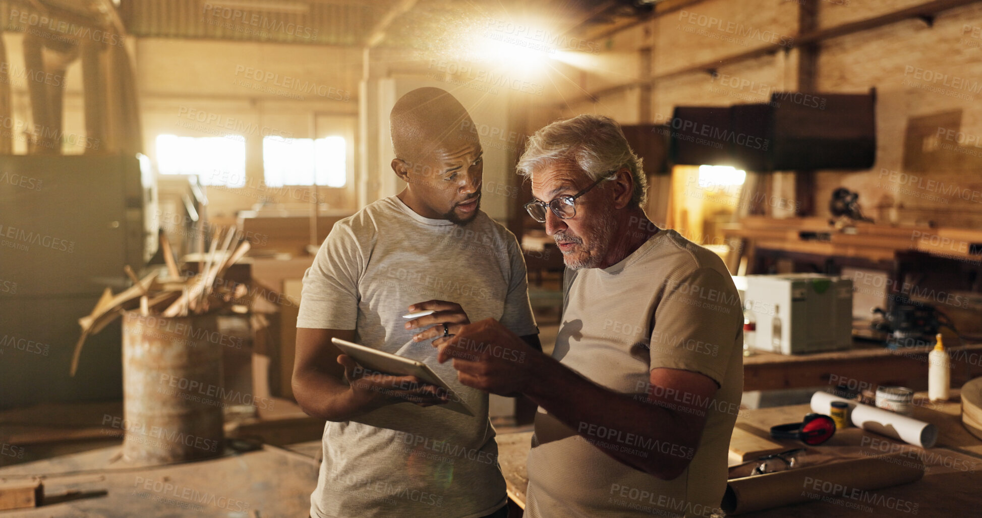 Buy stock photo Collaboration, planning and tablet with carpenter men in workshop for manufacturing or production. Carpentry, conversation and industry with woodworking people in factory together for teamwork