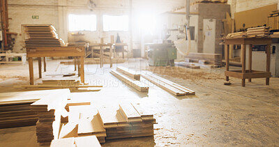 Buy stock photo Timber, wood and carpentry in empty workshop for furniture manufacturing, renovation and labor. Materials, plank and crafting production with woodwork, remodeling maintenance and restoration industry