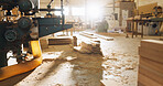 Machine, timber and carpentry in empty workshop if furniture manufacturing, renovation and labor. Materials, wood and crafting production for woodwork, remodeling maintenance and restoration industry