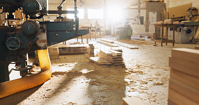Buy stock photo Machine, timber and carpentry in empty workshop if furniture manufacturing, renovation and labor. Materials, wood and crafting production for woodwork, remodeling maintenance and restoration industry