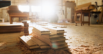 Buy stock photo Timber, plank and carpentry in empty workshop for furniture manufacturing, renovation and labor. Materials, wood and crafting production with woodwork, remodeling maintenance and restoration industry