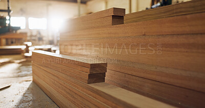 Buy stock photo Lumber, wood and carpentry in empty workshop for furniture manufacturing, renovation and labor. Material, storage and crafting production for woodwork, remodeling maintenance and restoration industry