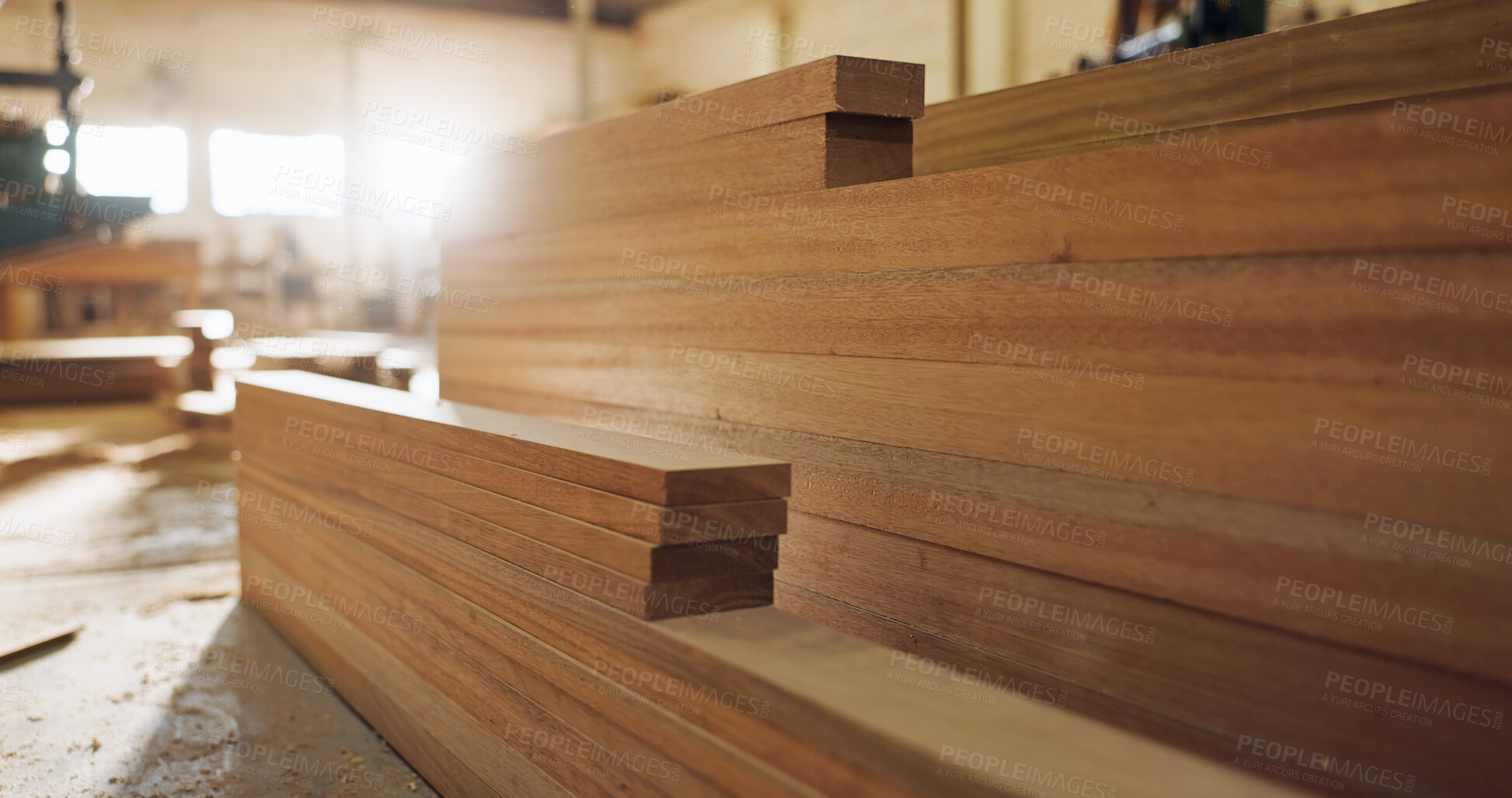Buy stock photo Lumber, wood and carpentry in empty workshop for furniture manufacturing, renovation and labor. Material, storage and crafting production for woodwork, remodeling maintenance and restoration industry