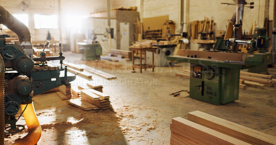 Buy stock photo Machinery, wood and carpentry in empty workshop of furniture manufacturing, renovation and labor. Material, plank and crafting production for woodwork, remodeling maintenance and restoration industry