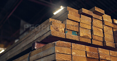 Buy stock photo Stack, wood and carpentry in empty workshop for furniture manufacturing, renovation and storage. Lumber, material and crafting production for woodwork, remodeling maintenance and restoration industry
