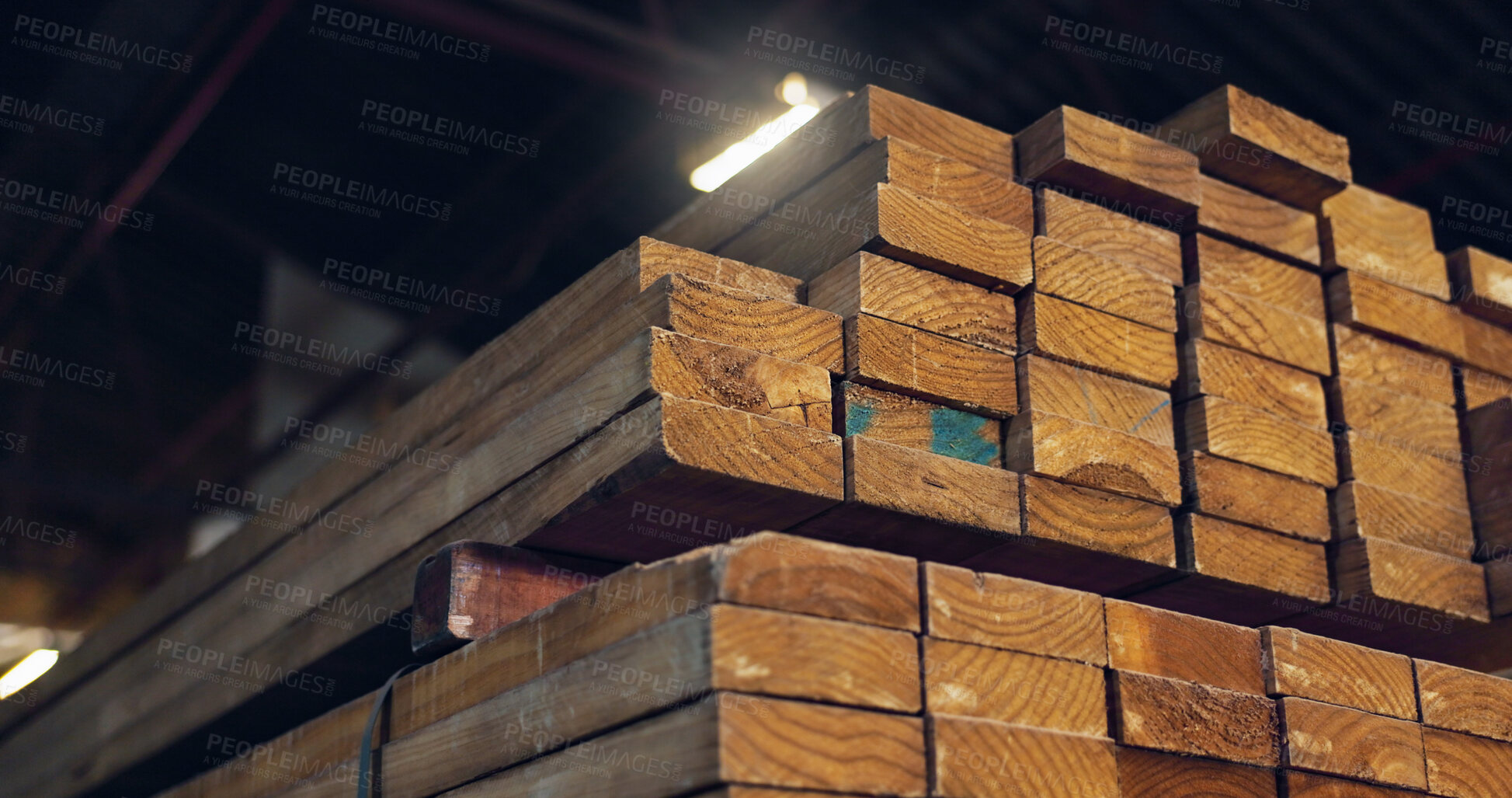 Buy stock photo Stack, wood and carpentry in empty workshop for furniture manufacturing, renovation and storage. Lumber, material and crafting production for woodwork, remodeling maintenance and restoration industry