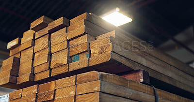 Buy stock photo Stack, wood and storage in empty workshop for furniture manufacturing, renovation and labor. Carpentry, materials and crafting production for woodwork, remodeling maintenance and restoration industry