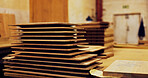 Stack, timber and storage in empty workshop of furniture manufacturing, renovation and labor. Carpentry, material and crafting production for woodwork, remodeling maintenance and restoration industry