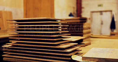 Buy stock photo Stack, timber and storage in empty workshop of furniture manufacturing, renovation and labor. Carpentry, material and crafting production for woodwork, remodeling maintenance and restoration industry