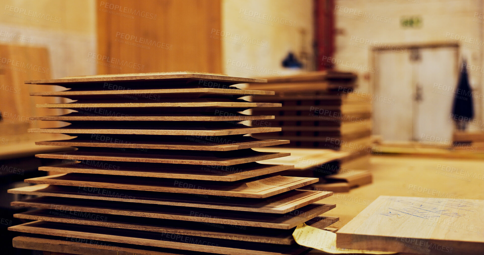 Buy stock photo Stack, timber and storage in empty workshop of furniture manufacturing, renovation and labor. Carpentry, material and crafting production for woodwork, remodeling maintenance and restoration industry