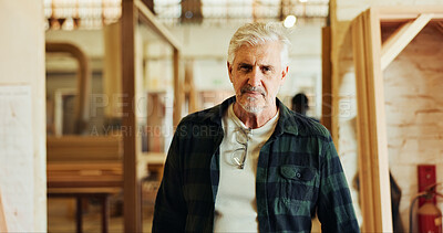 Buy stock photo Workshop, man and mature in portrait for carpenter, manufacturing and production business. Warehouse, male person and contractor with furniture for professional service, maintenance and woodwork