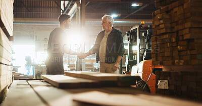 Buy stock photo Collaboration, handshake and talking with carpenter men in workshop for manufacturing or production. Agreement, carpentry and deal with woodworking people shaking hands in factory for partnership