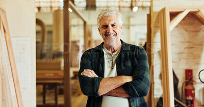 Buy stock photo Workshop, man and carpenter in portrait for arms crossed, wood manufacturing and production business. Happiness, mature contractor and pride with furniture for service, maintenance and timber craft