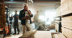 Carpenter, notes and thinking of wood in workshop for timber inspection, quality control and stock checklist. Manufacturing industry, mature man and clipboard for inventory management or supply chain