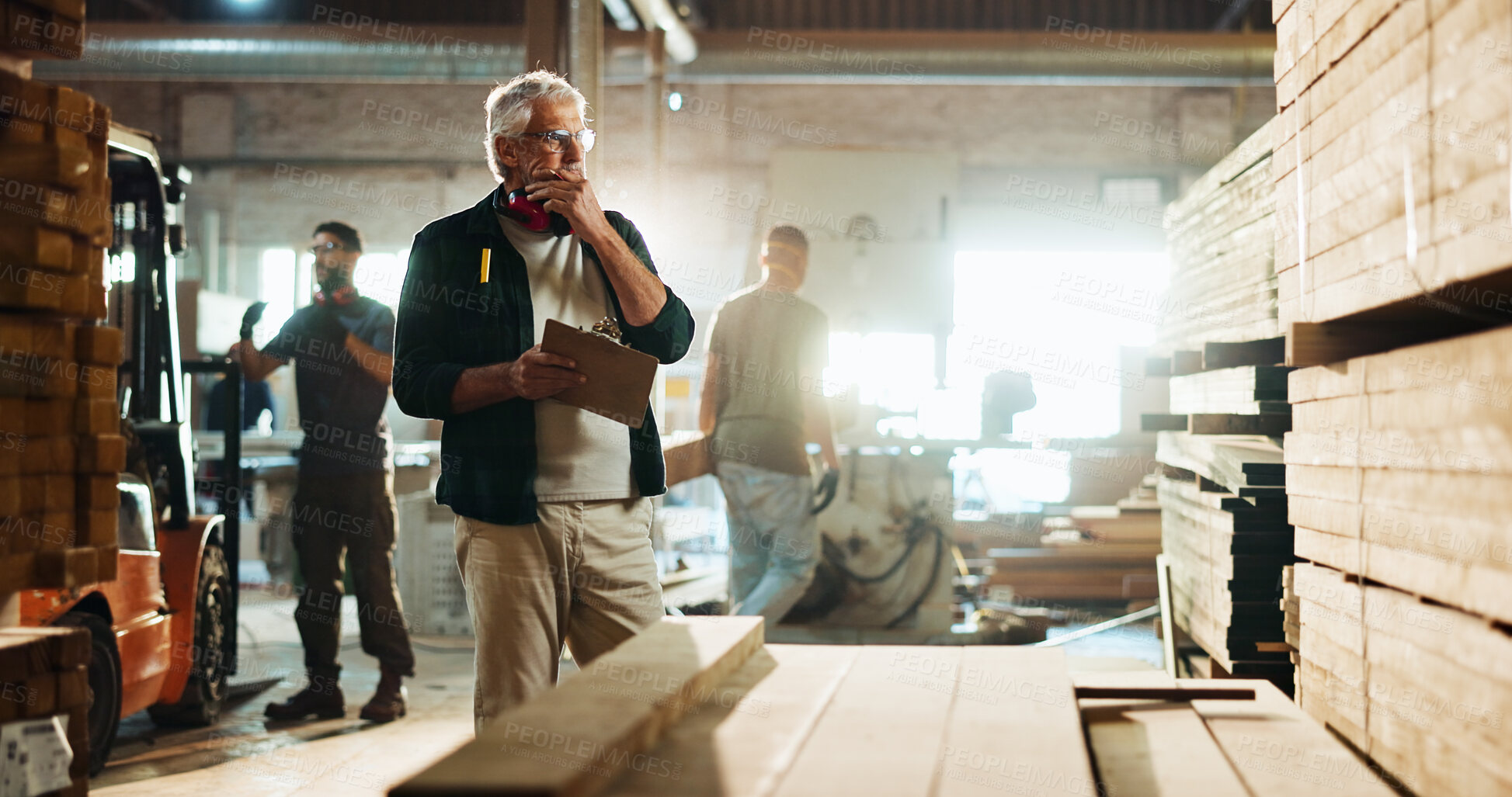 Buy stock photo Carpenter, notes and thinking of wood in workshop for timber inspection, quality control and stock checklist. Manufacturing industry, mature man and clipboard for inventory management or supply chain