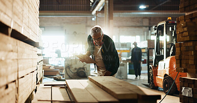 Buy stock photo Carpenter, workshop and clipboard with wood inspection for quality control, inventory management and timber evaluation. Manufacturing, mature man and paperwork for carpentry stock and supply chain