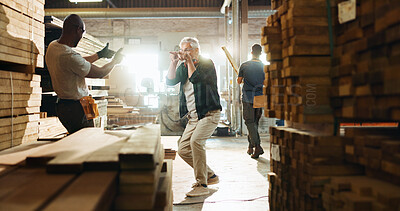 Buy stock photo Carpenter, wood and thumbs up with people in warehouse for furniture production, team and support. Success, inventory and collaboration with employees in factory for lumber, winner and craftsman