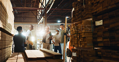 Buy stock photo Carpenter, wood and team with people in warehouse for furniture production, collaboration and industry. Planning, inventory checklist and talking with employees in factory for lumber and craftsman
