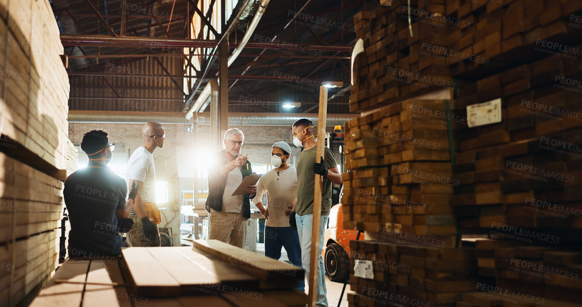 Buy stock photo Carpenter, wood and team with people in warehouse for furniture production, collaboration and industry. Planning, inventory checklist and talking with employees in factory for lumber and craftsman