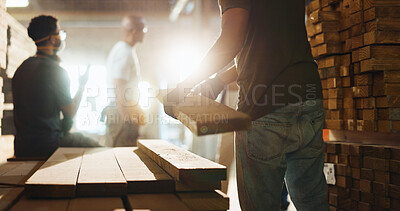 Buy stock photo Manufacturing, hands and person with plank, workshop and group in small business for renovation or work. Carpenter, employee and people with material for production, contractor and equipment for shop