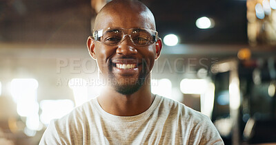 Buy stock photo Workshop, black man and smile in portrait for carpenter, manufacturing and happy for production business. Confidence, contractor and male person with glasses for safety, maintenance and woodwork