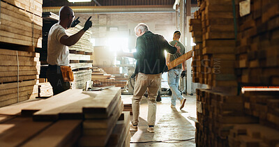 Buy stock photo Carpenter, wood and dance with people in warehouse for furniture production, fun celebration and industry. Success, achievement and teamwork with employees in factory for energy, excited or craftsman