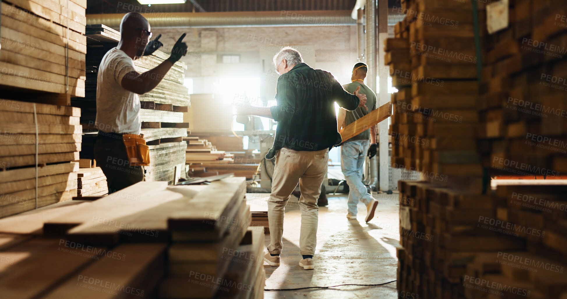 Buy stock photo Carpenter, wood and dance with people in warehouse for furniture production, fun celebration and industry. Success, achievement and teamwork with employees in factory for energy, excited or craftsman