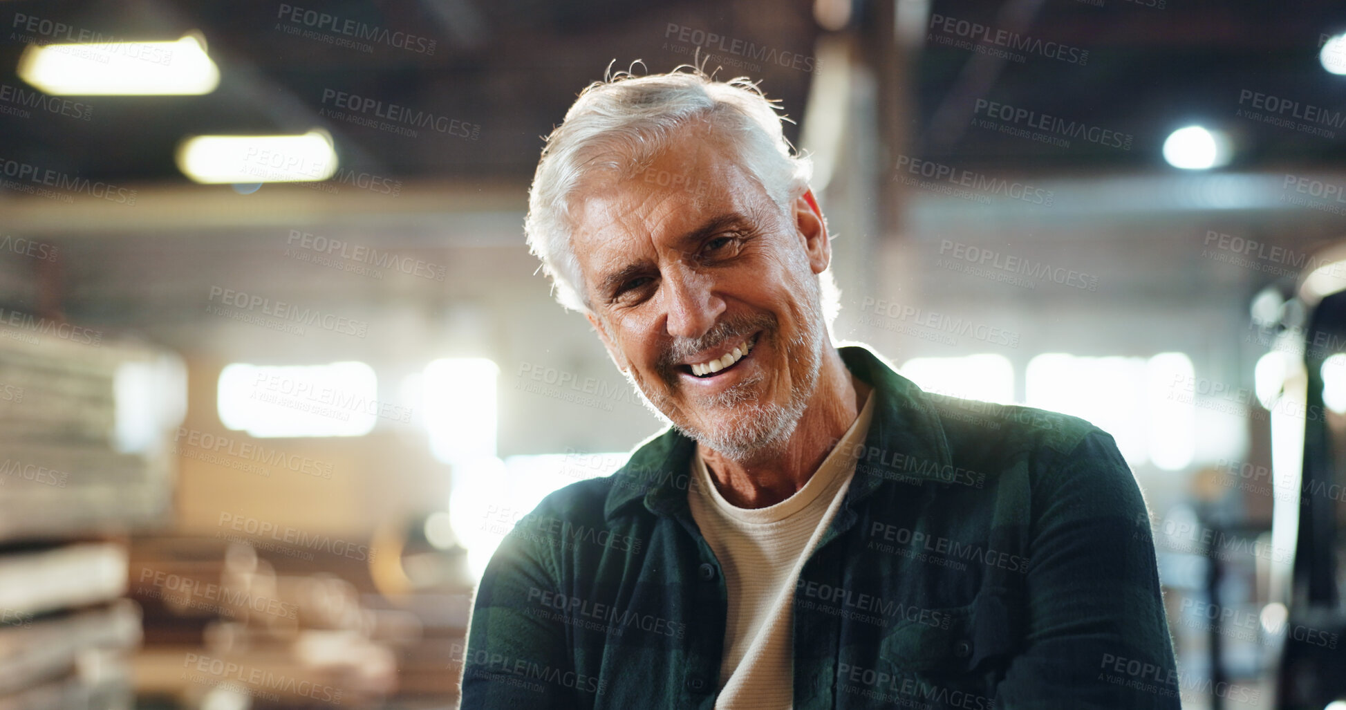Buy stock photo Workshop, happy man and mature in portrait for carpenter, wood manufacturing and production business. Warehouse, male person and contractor with smile for professional service, maintenance and craft