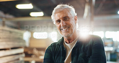 Buy stock photo Portrait, mature and happy man as carpenter in workshop, wood manufacturing and production business. Warehouse, male person and contractor with smile for professional service, maintenance and craft