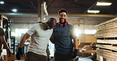 Buy stock photo Carpenter, team and men with smile, workshop and friends with glasses for safety, laughing and hug. Happy, artisan and people with eyewear in business, woodworking and contractor for furniture